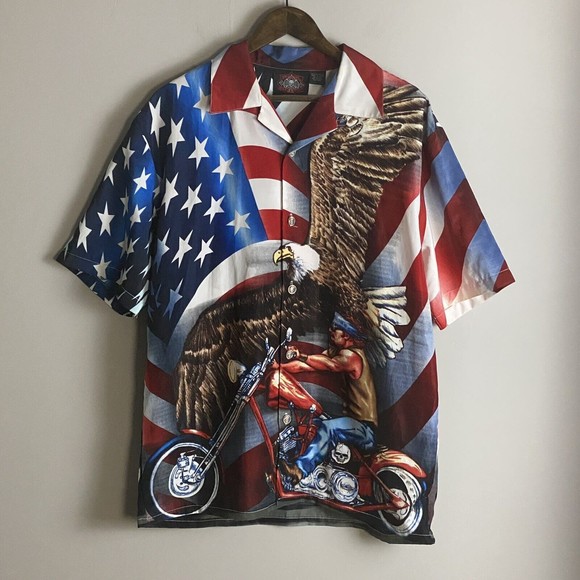 DRAGONFLY ROADHOUSE Mens Red Button Up Short Sleeve Shirt Size M Eagle USA Biker - Picture 2 of 9